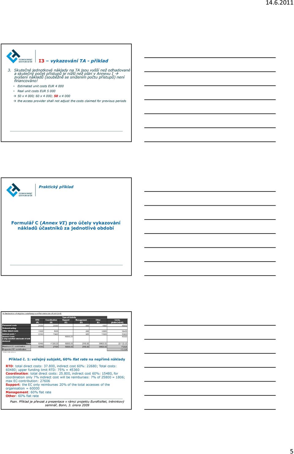 (Annex VI) pro účely vykazování nákladů účastníků za jednotlivé období Příklad č. 1: veřejný subjekt, 60% flat rate na nepřímé náklady RTD: total direct costs: 37.