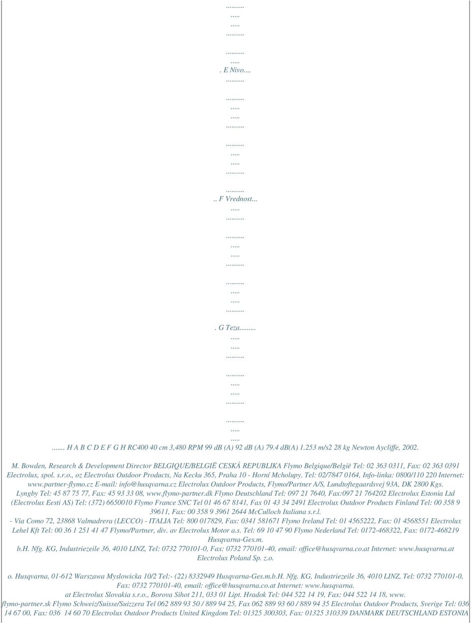 Tel: 02/7847 0164, Info-linka: 0800/110 220 Internet: www.partner-flymo.cz E-mail: info@husqvarna.cz Electrolux Outdoor Products, Flymo/Partner A/S, Lundtoftegaardsvej 93A, DK 2800 Kgs.
