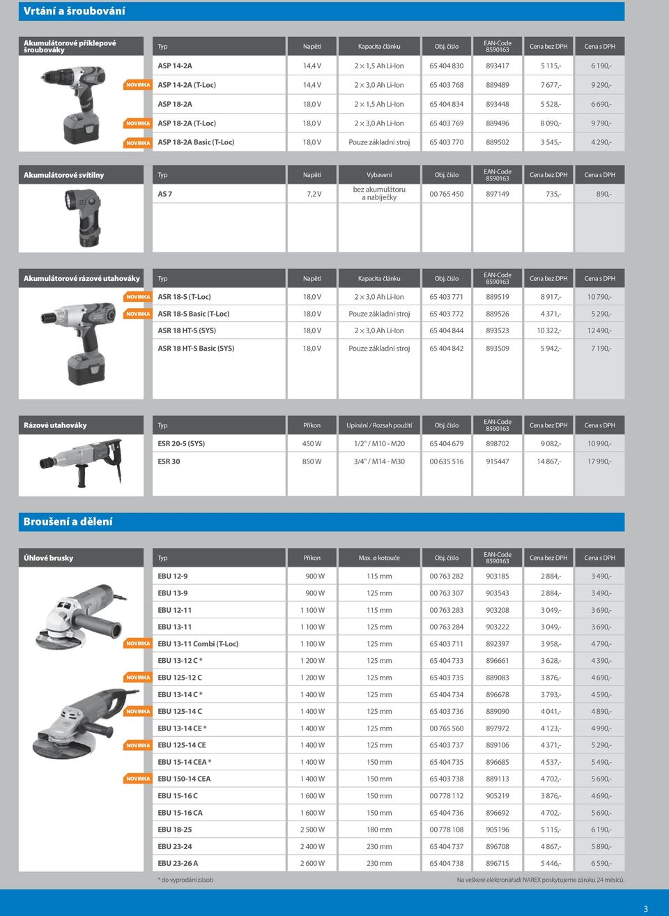 Pouze základní stroj 65 403 770 889502 3 545,- 4 290,- Akumulátorové svítilny Typ Napětí Vybavení AS 7 7,2 V bez akumulátoru a nabíječky 00 765 450 897149 735,- 890,- Akumulátorové rázové utahováky