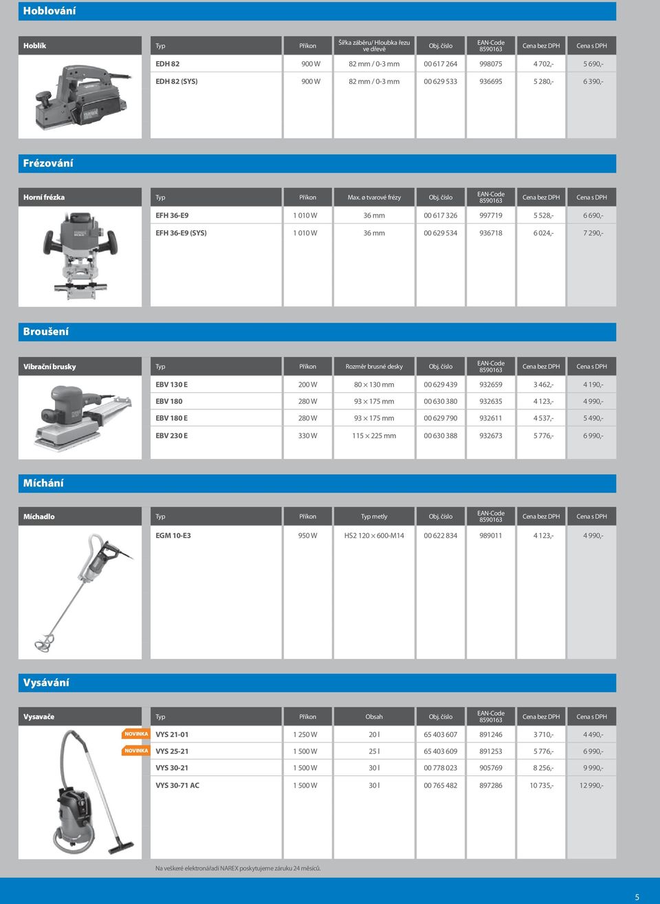 ø tvarové frézy EFH 36-E9 1 010 W 36 00 617 326 997719 5 528,- 6 690,- EFH 36-E9 (SYS) 1 010 W 36 00 629 534 936718 6 024,- 7 290,- Broušení Vibrační brusky Typ Příkon Rozměr brusné desky EBV 130 E