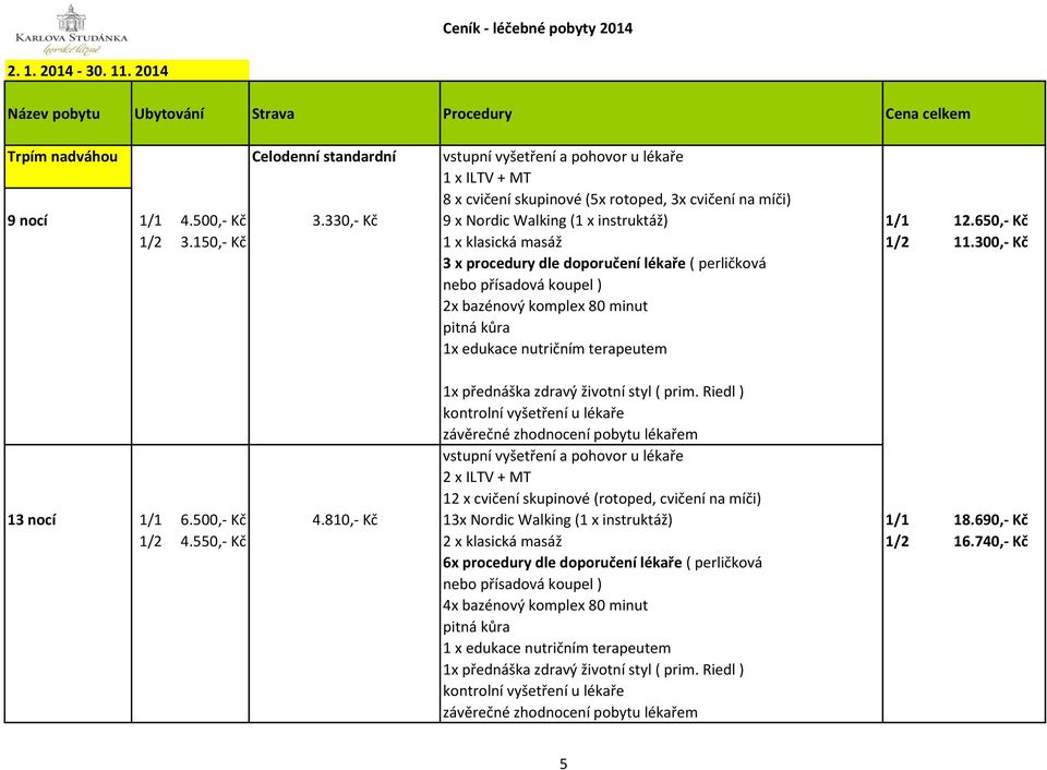 300,- Kč 3 x procedury dle doporučení lékaře ( perličková nebo přísadová koupel ) 2x bazénový komplex 80 minut 1x edukace nutričním terapeutem 1x přednáška zdravý životní styl ( prim.