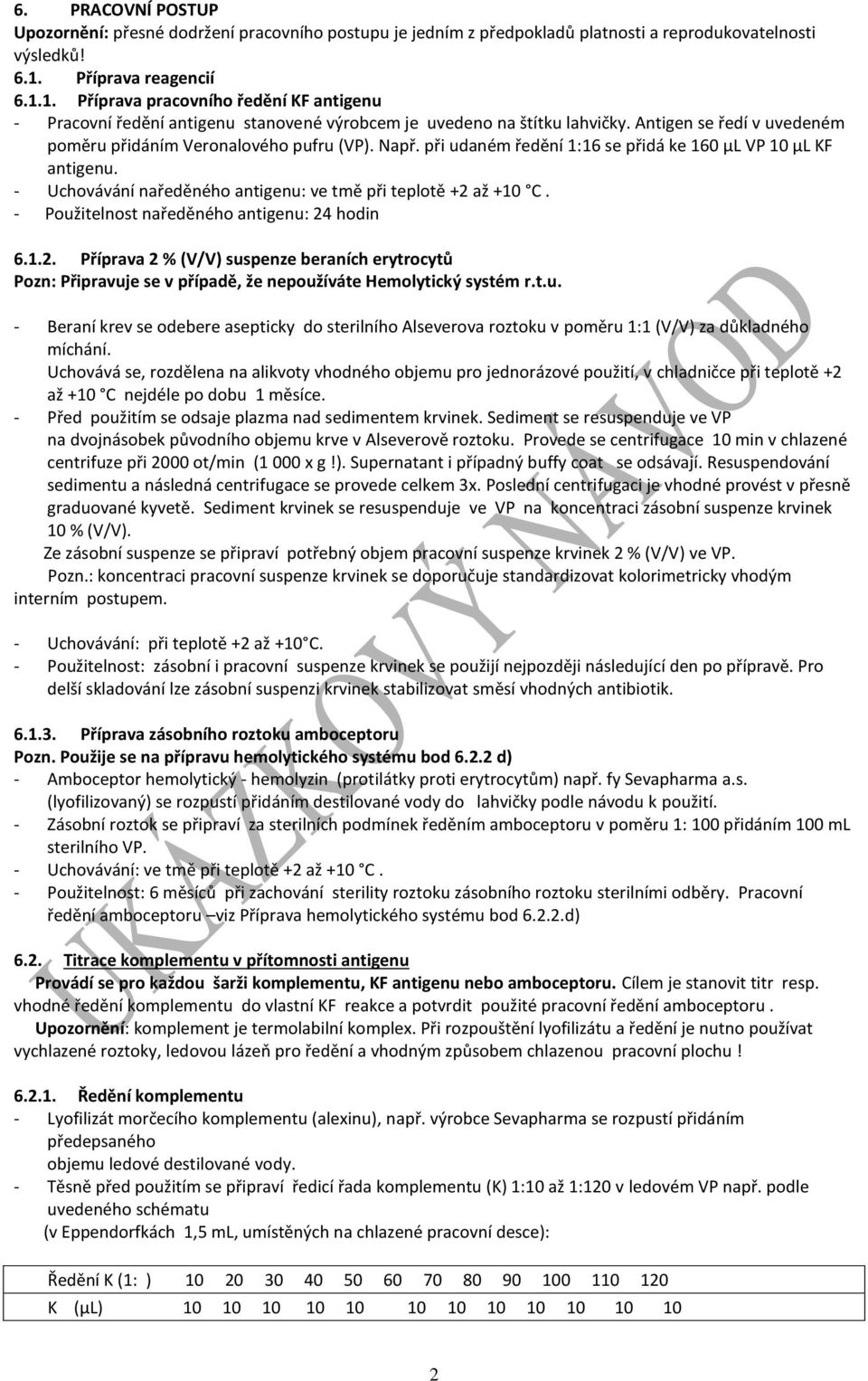 Antigen se ředí v uvedeném poměru přidáním Veronalového pufru (VP). Např. při udaném ředění 1:16 se přidá ke 160 μl VP 10 μl KF antigenu.