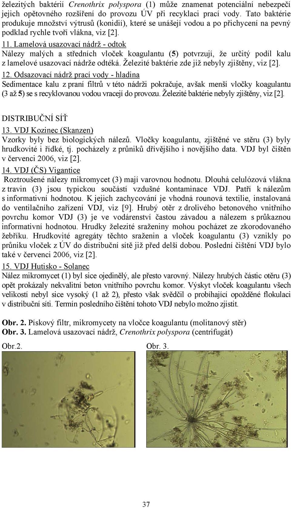 Lamelová usazovací nádrž - odtok Nálezy malých a středních vloček koagulantu (5) potvrzují, že určitý podíl kalu z lamelové usazovací nádrže odtéká. Železité baktérie zde již nebyly zjištěny, viz [2].