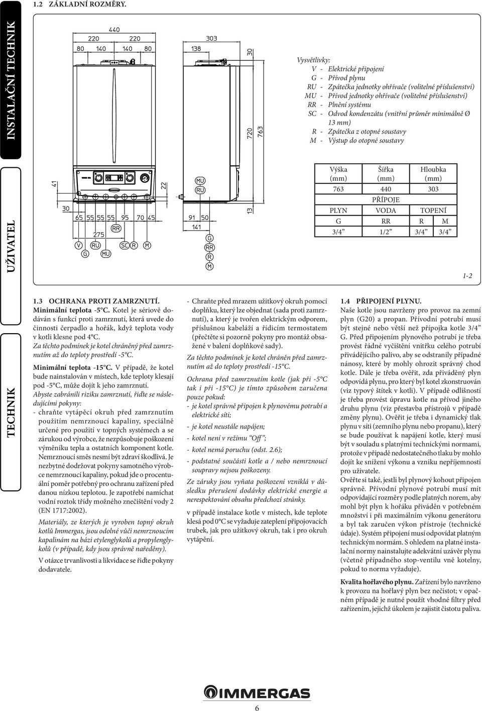 SC - Odvod kondenzátu (vnitřní průměr minimálně Ø 13 mm) R - Zpátečka z otopné soustavy M - Výstup do otopné soustavy Výška (mm) Šířka (mm) Hloubka (mm) 763 440 303 PŘÍPOJE PLYN VODA TOPENÍ G RR R M