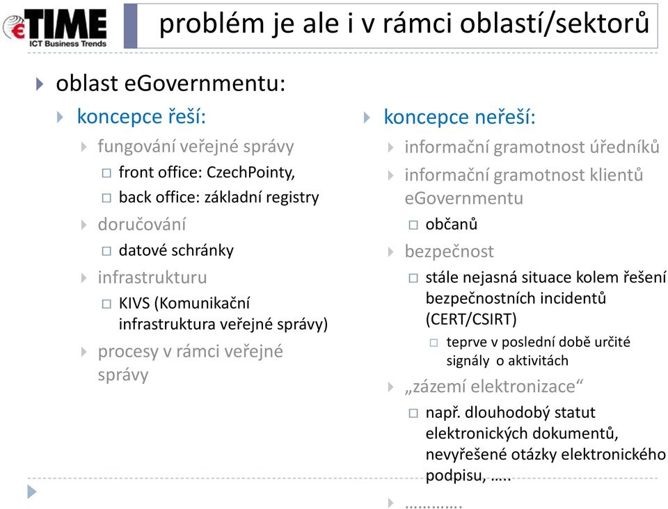 informační gramotnost úředníků informační gramotnost klientů egovernmentu občanů bezpečnost stále nejasná situace kolem řešení bezpečnostních incidentů