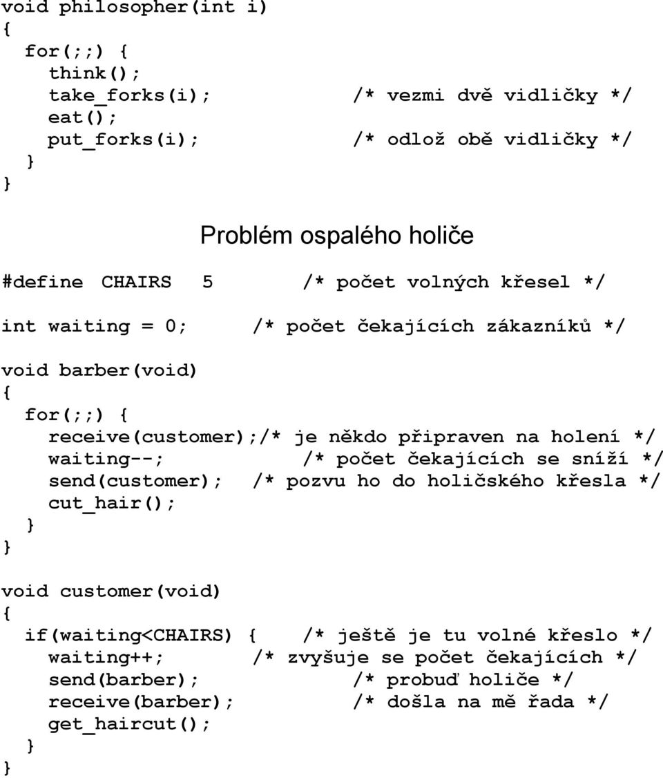 holení */ waiting--; /* počet čekajících se sníží */ send(customer); /* pozvu ho do holičského křesla */ cut_hair(); void customer(void) if(waiting<chairs) /*