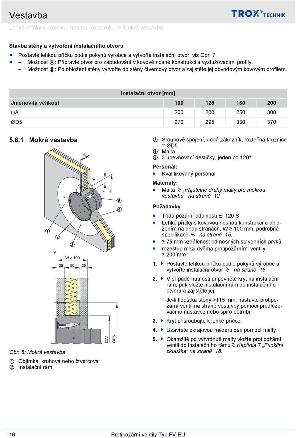 Možnost B: Po obložení stěny vytvořte do stěny čtvercový otvor a zajistěte jej obvodovým kovovým profilem. Instalační otvor [mm] Jmenovitá velikost 00 5 60 00 A 00 00 50 300 D5 70 95 330 370 5.6. Mokrá vestavba Y Obr.