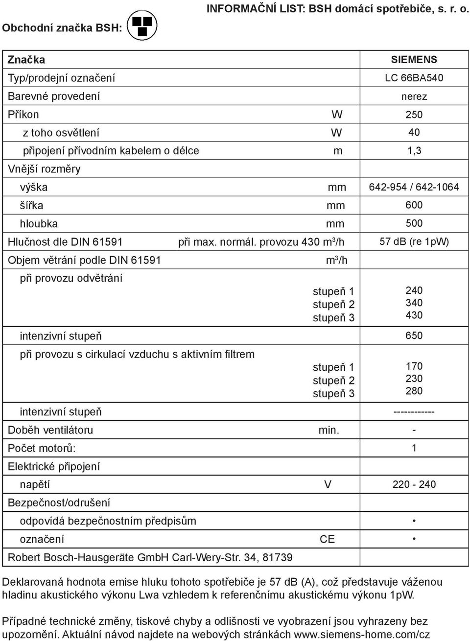 mm 600 hloubka mm 500 Hlučnost dle DIN 61591 při max. normál.