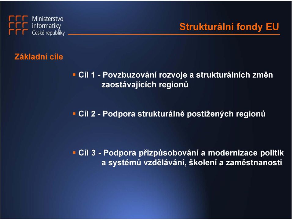 strukturálně postižených regionů Cíl 3 - Podpora přizpůsobování