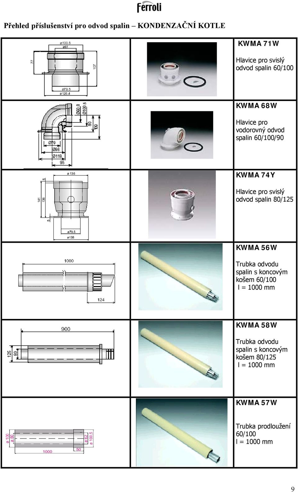 odvod spalin 80/125 KWMA 56W Trubka odvodu spalin s koncovým košem 60/100 l = 1000 mm KWMA 58W