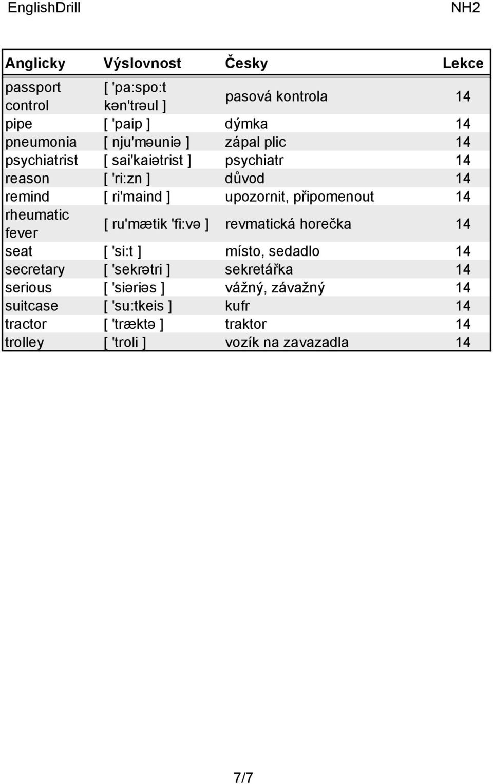 fever [ ru'mætik 'fi:və ] revmatická horečka seat [ 'si:t ] místo, sedadlo secretary [ 'sekrətri ] sekretářka serious