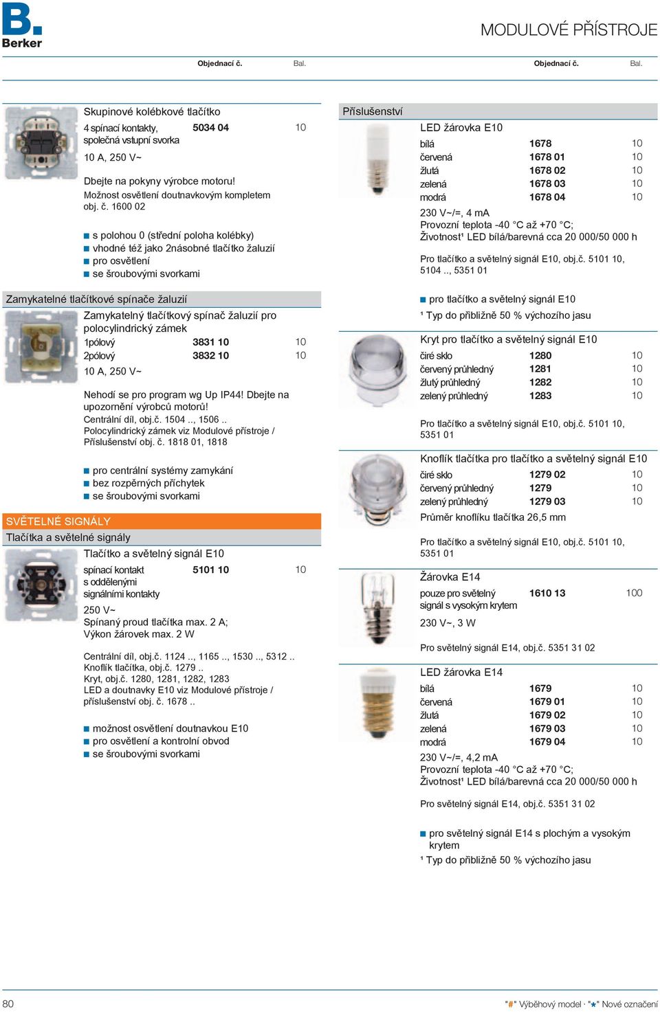 V~/=, 4 ma Provozní teplota -40 C až +70 C; Životnost¹ LED bílá/barevná cca 20 000/50 000 h Pro tlačítko a světelný signál E, obj.č. 5, 54.