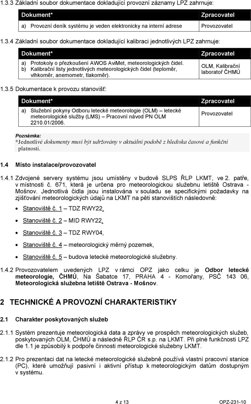 5 Dkumentace k prvzu stanvišť: Dkument* a) Služební pkyny Odbru letecké meterlgie (OLM) letecké meterlgické služby (LMS) Pracvní návd PN OLM 2210.01/2006.