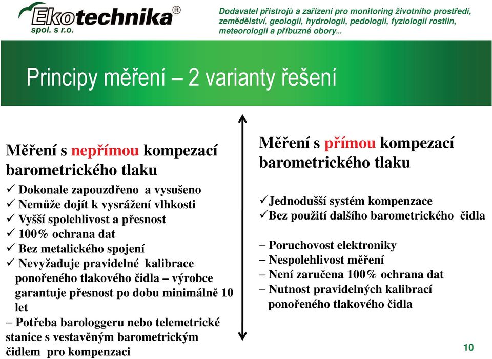 barologgeru nebo telemetrické stanice s vestavěným barometrickým čidlem pro kompenzaci Měření s přímou kompezací barometrického tlaku Jednodušší systém kompenzace Bez