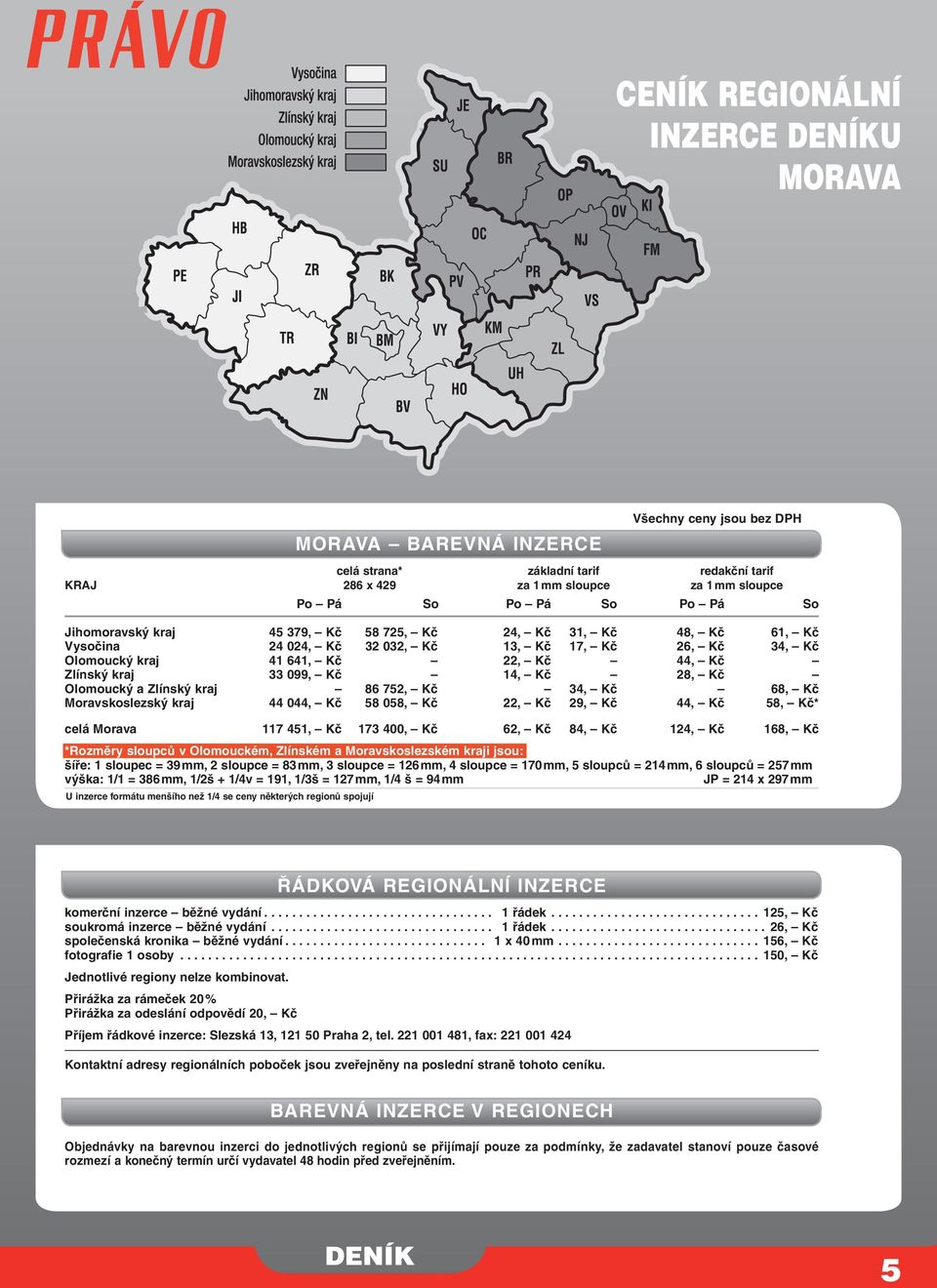 Kč 28, Kč Olomoucký a Zlínský kraj 86 752, Kč 34, Kč 68, Kč Moravskoslezský kraj 44 044, Kč 58 058, Kč 22, Kč 29, Kč 44, Kč 58, Kč* celá Morava 117 451, Kč 173 400, Kč 62, Kč 84, Kč 124, Kč 168, Kč