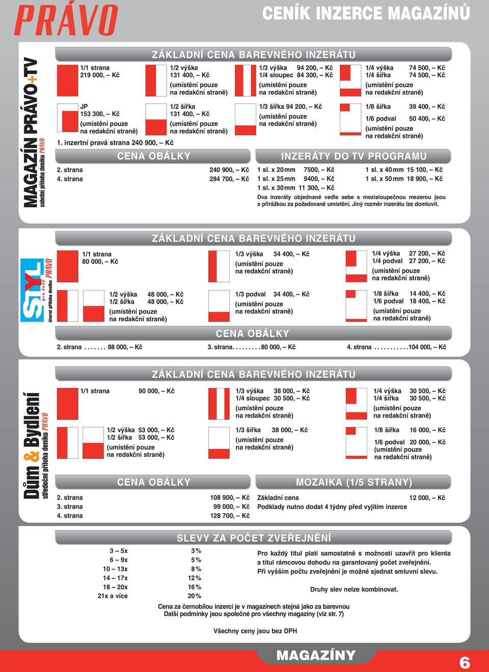 strana 284 700, Kč 1/3 šířka 94 200, Kč 1/8 šířka 39 400, Kč 1/6 podval 50 400, Kč NZERÁTY DO TV PROGRAMU 1 sl. x 20 mm 7500, Kč 1 sl. x 25 mm 9400, Kč 1 sl. x 30 mm 11 300, Kč 1 sl.