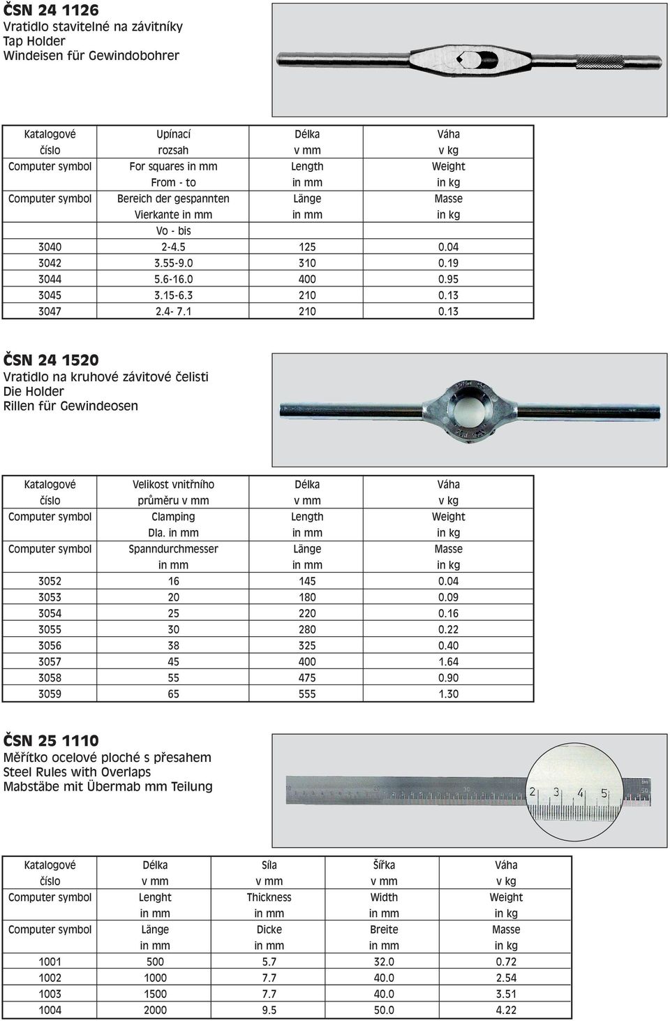 13 ČSN 24 1520 Vratidlo na kruhové závitové čelisti Die Holder Rillen für Gewindeosen Katalogové Velikost vnitřního Délka Váha číslo průměru v kg Clamping Length Weight Dla.