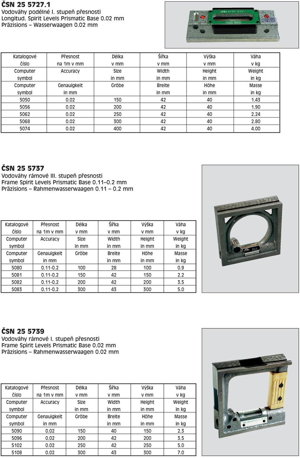 Height Höhe 40 40 40 40 40 ČSN 25 5737 Vodováhy rámové III. stupeň přesnosti Frame Spirit Levels Prismatic Base 0.11 0.2 mm Präzisions Rahmenwasserwaagen 0.11 0.2 mm Katalogové číslo 5080 5081 5082 5083 Přesnost na 1m Accuracy Genauigkeit 0.