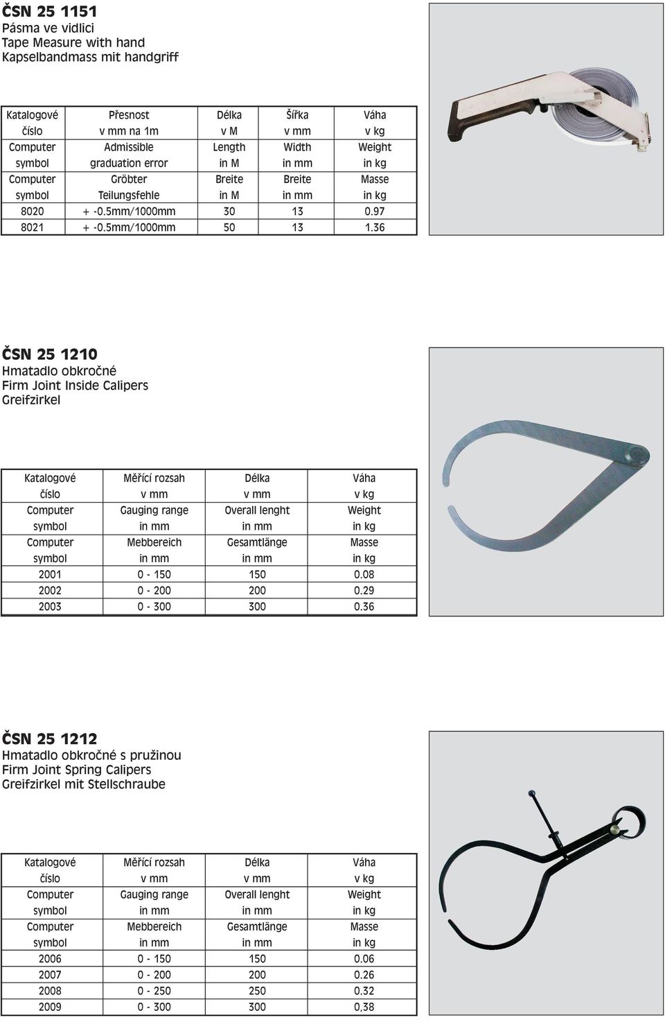 36 ČSN 25 1210 Hmatadlo obkročné Firm Joint Inside Calipers Greifzirkel Katalogové Měřící rozsah Délka Váha číslo v kg Gauging range Overall lenght Weight Mebbereich Gesamtlänge Masse 2001 0-150 150