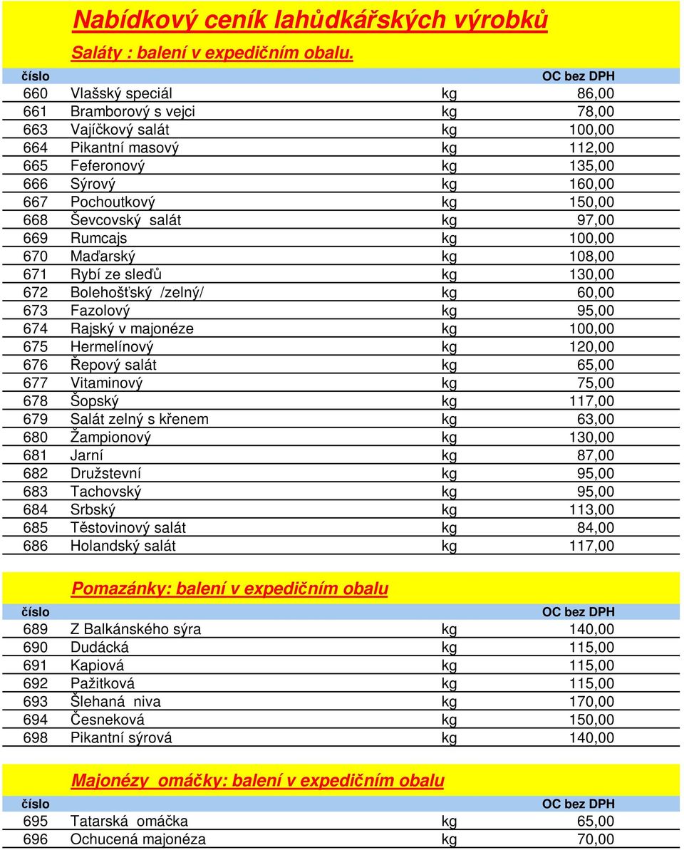 Ševcovský salát kg 97,00 669 Rumcajs kg 100,00 670 Maďarský kg 108,00 671 Rybí ze sleďů kg 130,00 672 Bolehošťský /zelný/ kg 60,00 673 Fazolový kg 95,00 674 Rajský v majonéze kg 100,00 675