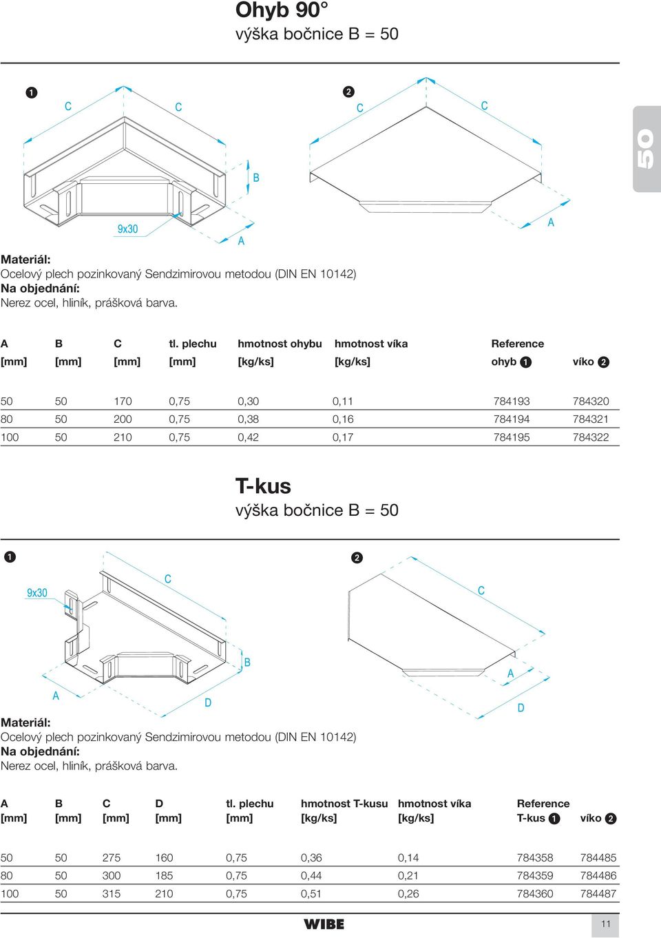 80 50 200 0,75 0,38 0,16 784194 784321 100 50 210 0,75 0,42 0,17 784195 784322 T-kus výška bočnice B = 50 A B C D tl.