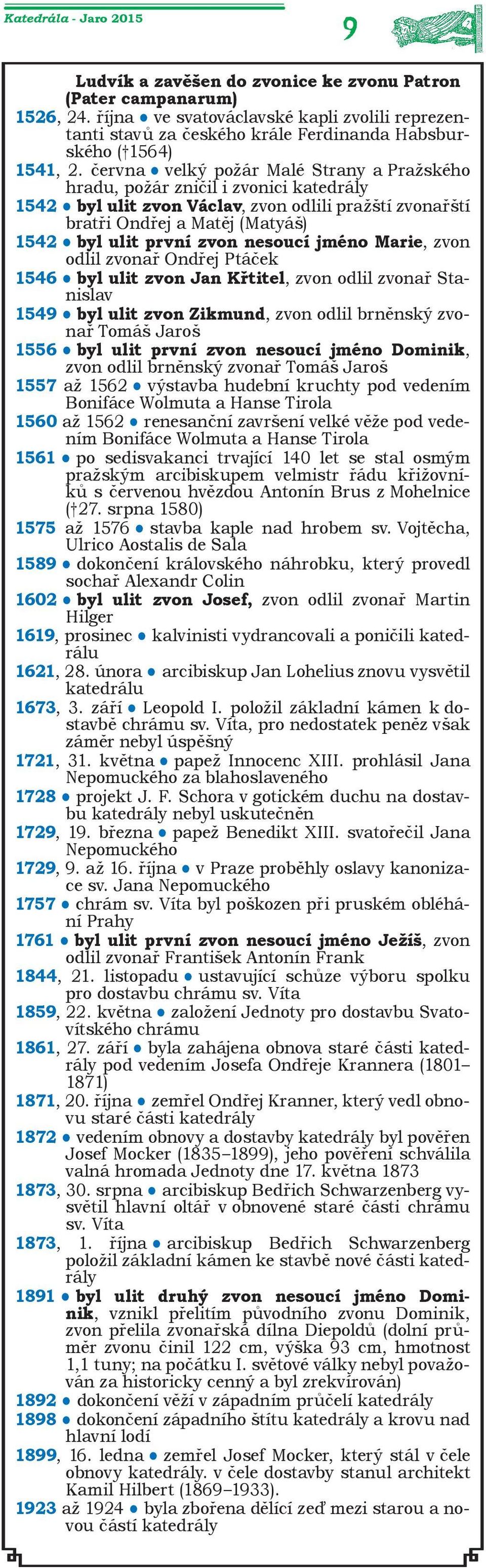 června velký požár Malé Strany a Pražského hradu, požár zničil i zvonici katedrály 1542 byl ulit zvon Václav, zvon odlili pražští zvonařští bratři Ondřej a Matěj (Matyáš) 1542 byl ulit první zvon