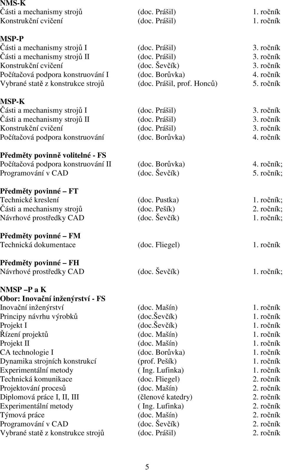 ročník MSP-K Části a mechanismy strojů I (doc. Prášil) 3. ročník Části a mechanismy strojů II (doc. Prášil) 3. ročník Konstrukční cvičení (doc. Prášil) 3. ročník Počítačová podpora konstruování (doc.