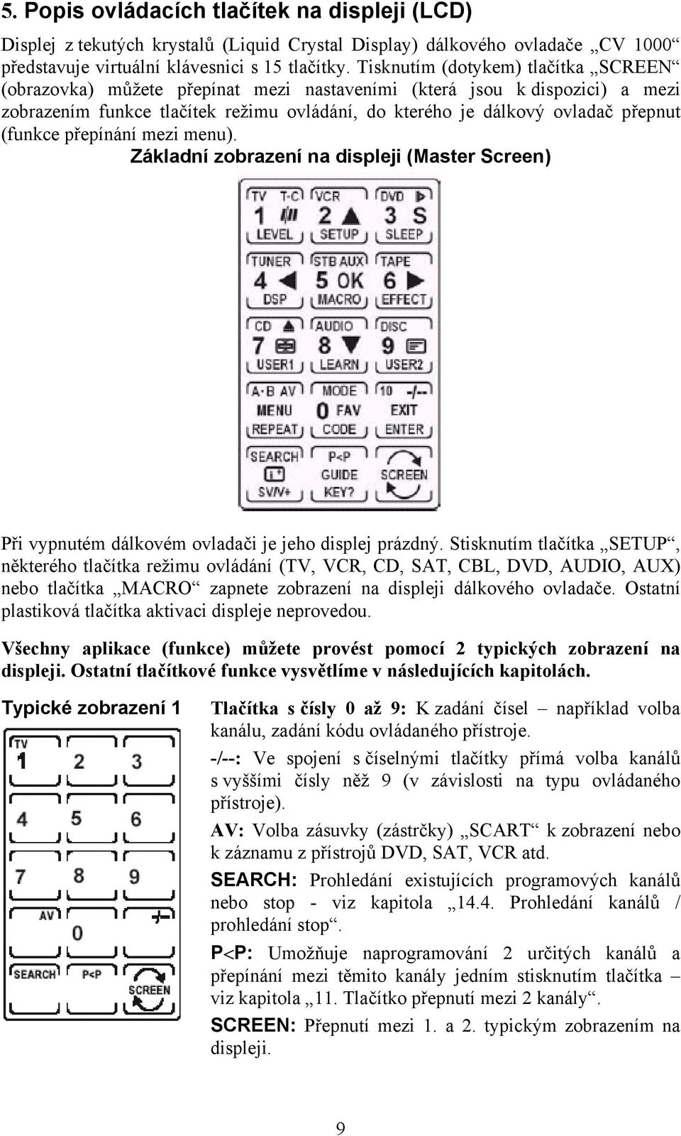 (funkce přepínání mezi menu). Základní zobrazení na displeji (Master Screen) Při vypnutém dálkovém ovladači je jeho displej prázdný.