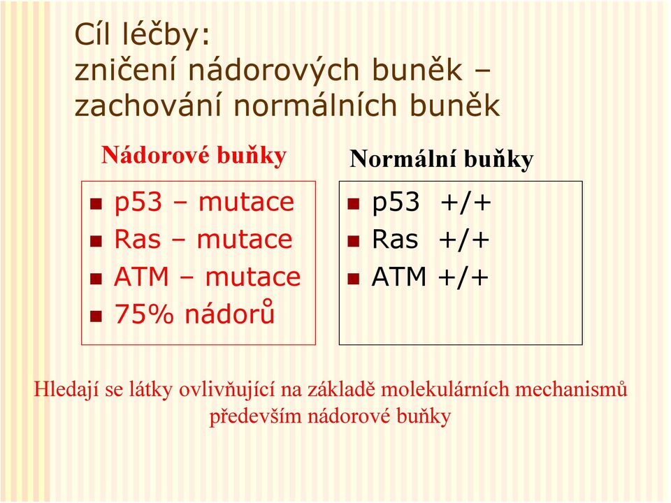 Normální buňky p53 +/+ Ras +/+ ATM +/+ Hledají se látky