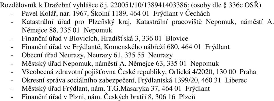 Němejce 88, 335 01 Nepomuk - Finanční úřad v Blovicích, Hradišťská 3, 336 01 Blovice - Finanční úřad ve Frýdlantě, Komenského nábřeží 680, 464 01 Frýdlant - Obecní úřad Neurazy, Neurazy 61, 335