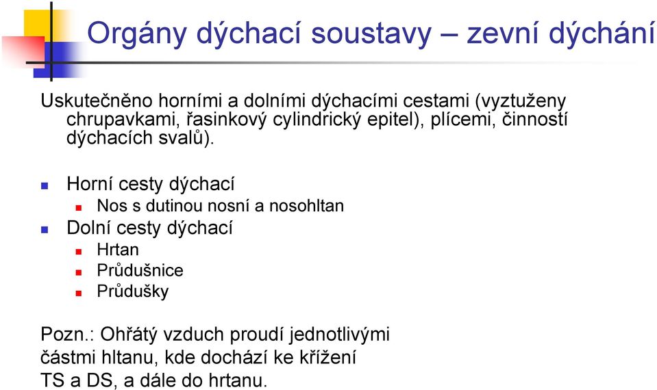 Horní cesty dýchací Nos s dutinou nosní a nosohltan Dolní cesty dýchací Hrtan Průdušnice