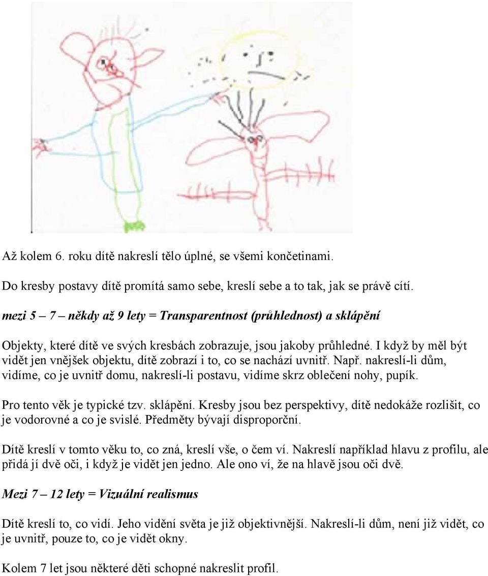 I když by měl být vidět jen vnějšek objektu, dítě zobrazí i to, co se nachází uvnitř. Např. nakreslí-li dům, vidíme, co je uvnitř domu, nakreslí-li postavu, vidíme skrz oblečení nohy, pupík.