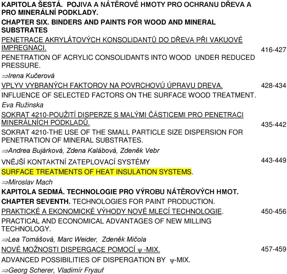 416-427 Irena Kučerová VPLYV VYBRANÝCH FAKTOROV NA POVRCHOVÚ ÚPRAVU DREVA. 428-434 INFLUENCE OF SELECTED FACTORS ON THE SURFACE WOOD TREATMENT.