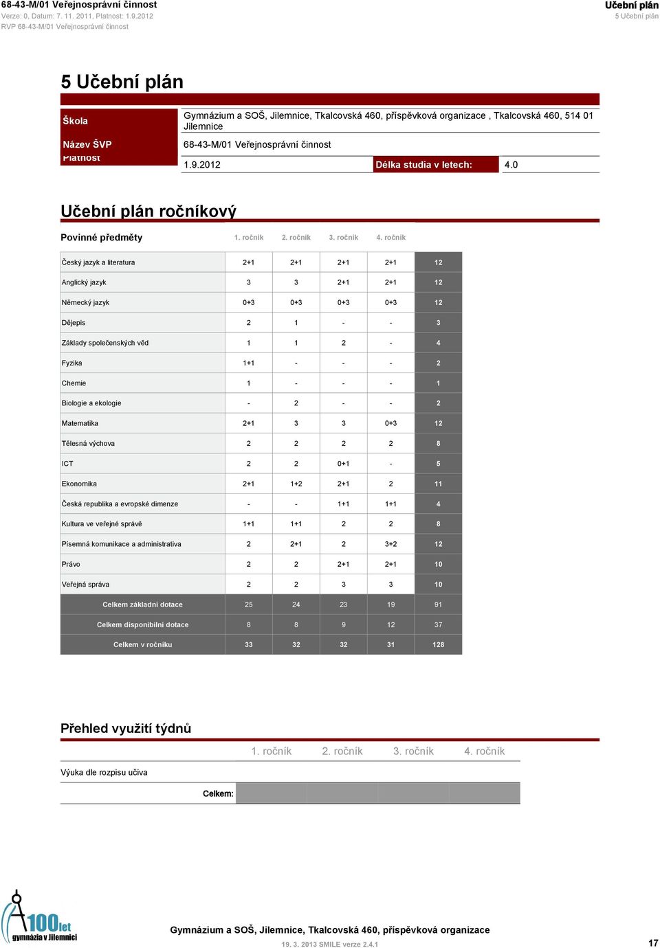 ročník Český jazyk a 2+1 2+1 2+1 2+1 12 Anglický jazyk 3 3 2+1 2+1 12 Německý jazyk 0+3 0+3 0+3 0+3 12 Dějepis 2 1 - - 3 Základy společenských věd 1 1 2-4 Fyzika 1+1 - - - 2 Chemie 1 - - - 1 Biologie