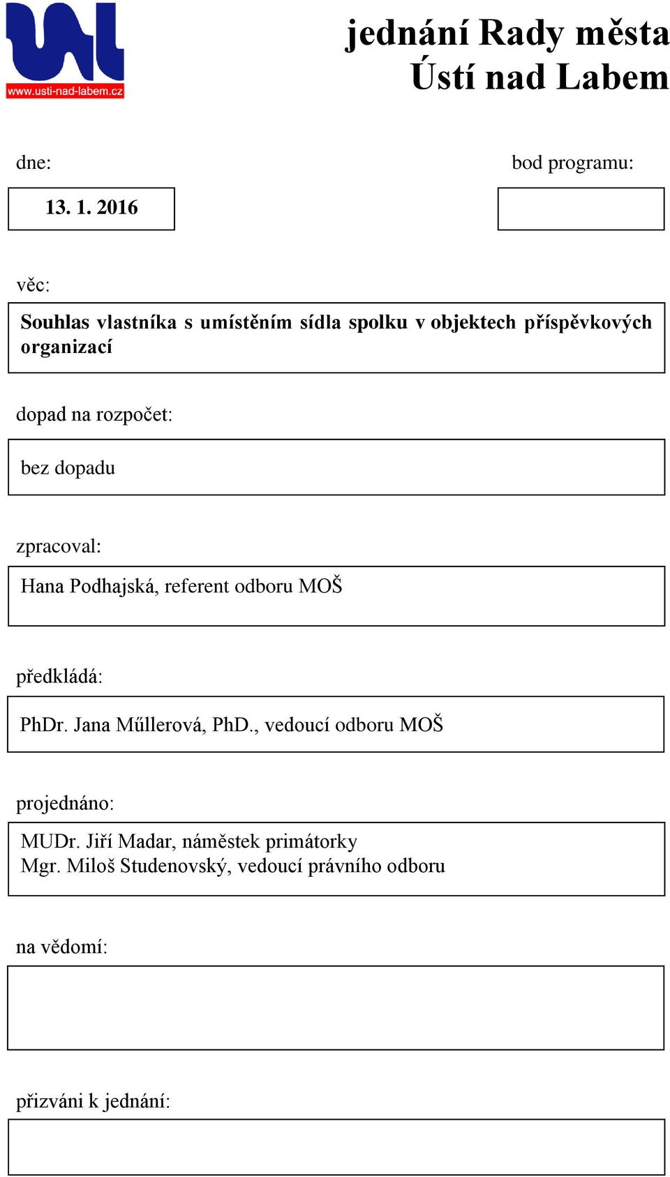 rozpočet: bez dopadu zpracoval: Hana Podhajská, referent odboru MOŠ předkládá: PhDr.