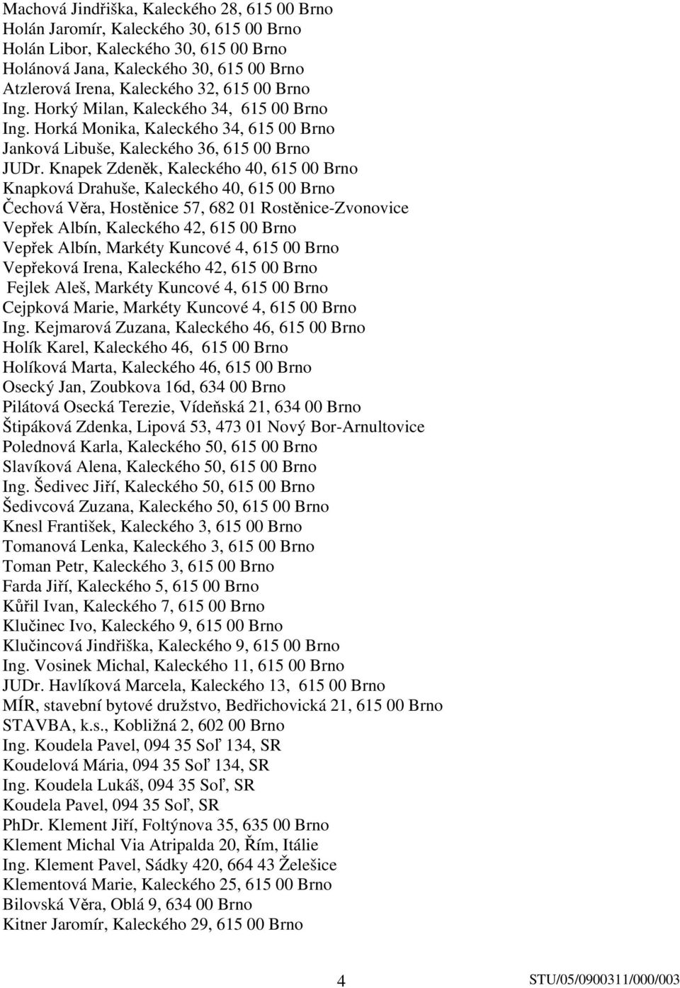 Knapek Zdeněk, Kaleckého 40, 615 00 Brno Knapková Drahuše, Kaleckého 40, 615 00 Brno Čechová Věra, Hostěnice 57, 682 01 Rostěnice-Zvonovice Vepřek Albín, Kaleckého 42, 615 00 Brno Vepřek Albín,