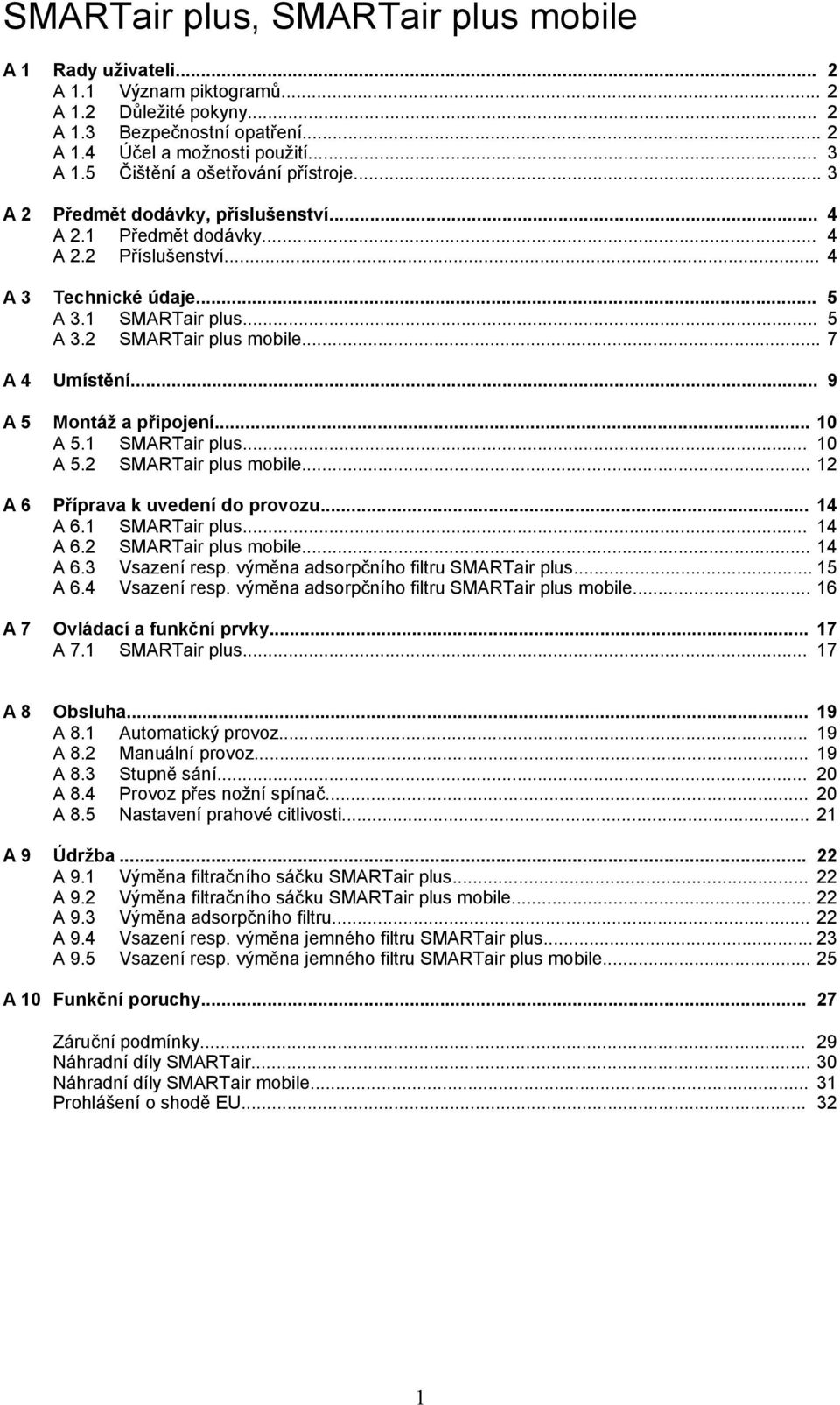 .. 9 A5 Montáž a připojení... 10 A 5.1 SMARTair plus... 10 A 5.2 SMARTair plus mobile... 12 A6 Příprava k uvedení do provozu... 14 A 6.1 SMARTair plus... 14 A 6.2 SMARTair plus mobile... 14 A 6.3 Vsazení resp.