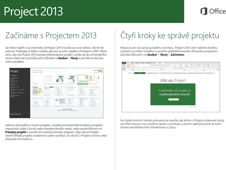 Čtyři kroky ke správě projektu Pokud je pro vás správa projektu novinkou, Project 2013 vám nabídne skvělou možnost rychlého rozběhu s využitím předdefinovaného Průvodce projektem.