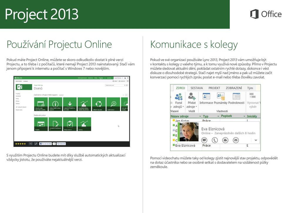 Komunikace s kolegy Pokud ve své organizaci používáte Lync 2013, Project 2013 vám umožňuje být v kontaktu s kolegy z vašeho týmu, a k tomu využívá nové způsoby.