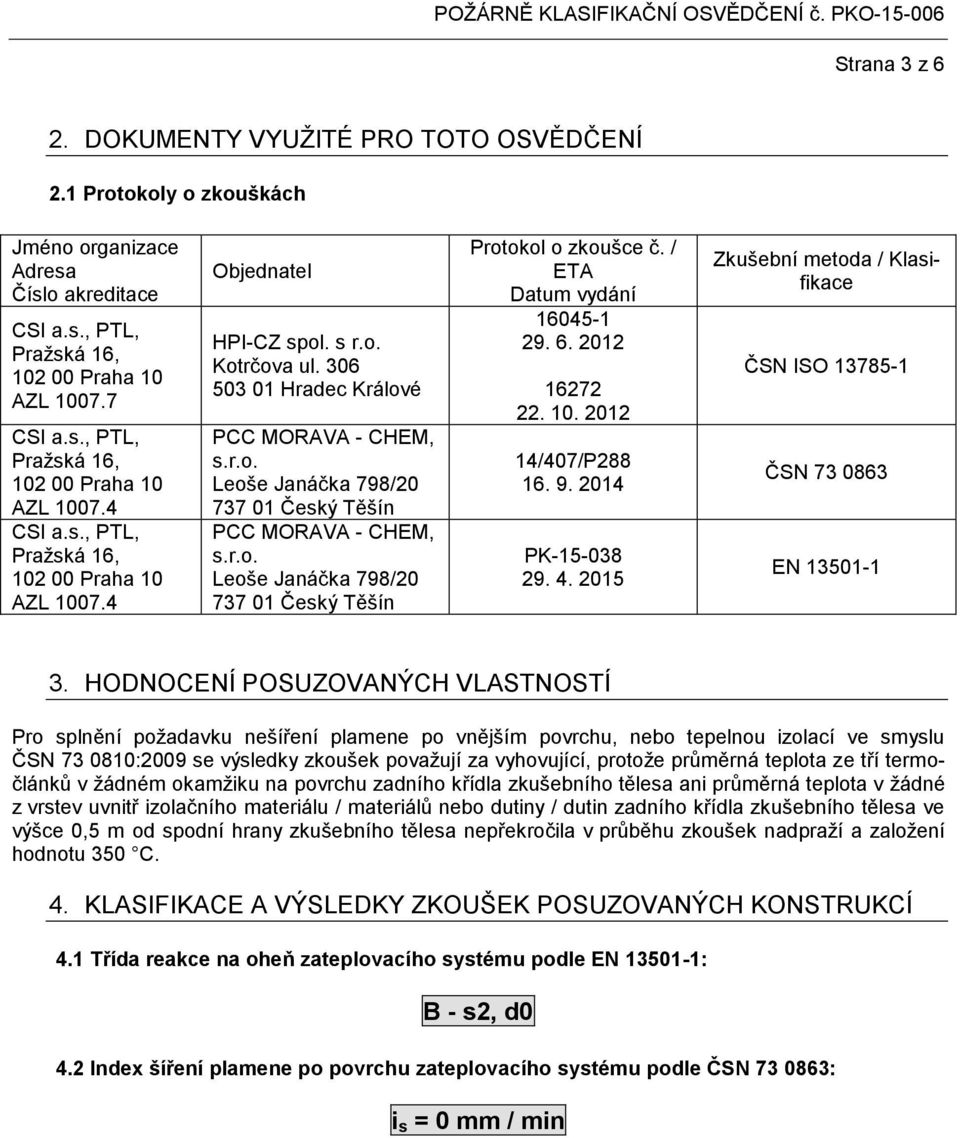 r.o. Leoše Janáčka 798/20 737 01 Český Těšín Protokol o zkoušce č. / ETA Datum vydání 16045-1 29. 6. 2012 16272 22. 10. 2012 14/407/P288 16. 9. 2014 PK-15-038 29. 4.