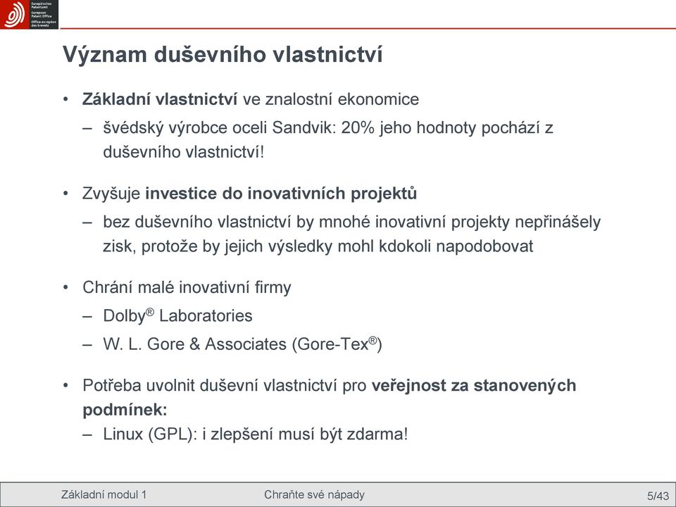 Zvyšuje investice do inovativních projektů bez duševního vlastnictví by mnohé inovativní projekty nepřinášely zisk, protoţe by jejich