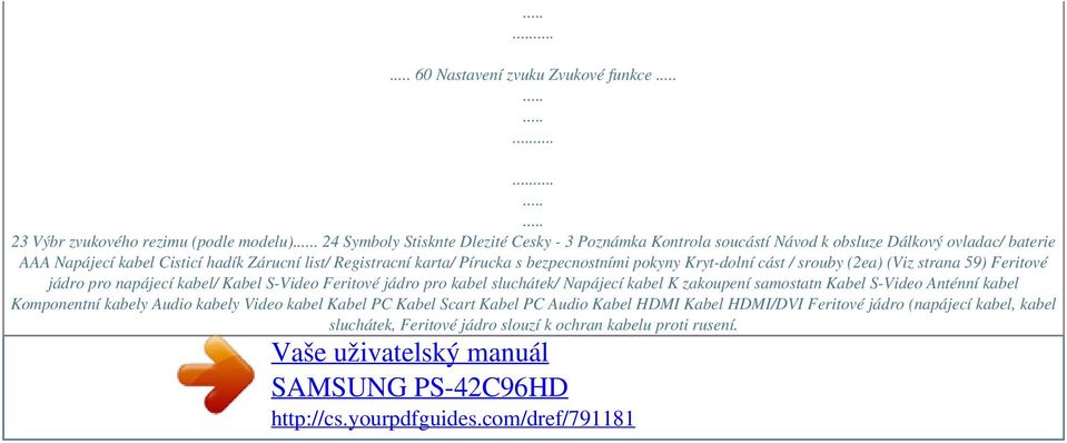 karta/ Pírucka s bezpecnostními pokyny Kryt-dolní cást / srouby (2ea) (Viz strana 59) Feritové jádro pro napájecí kabel/ Kabel S-Video Feritové jádro pro kabel sluchátek/