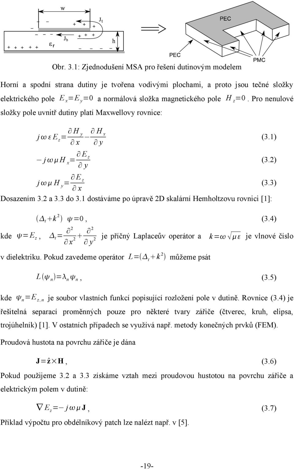 H z=. Pro nenulové složky pole uvnitř dutiny platí Maxwellovy rovnice: j Ez= H y Hx x y j H x = (3.) Ez y (3.) Ez (3.3) x Dosazením 3. a 3.3 do 3.