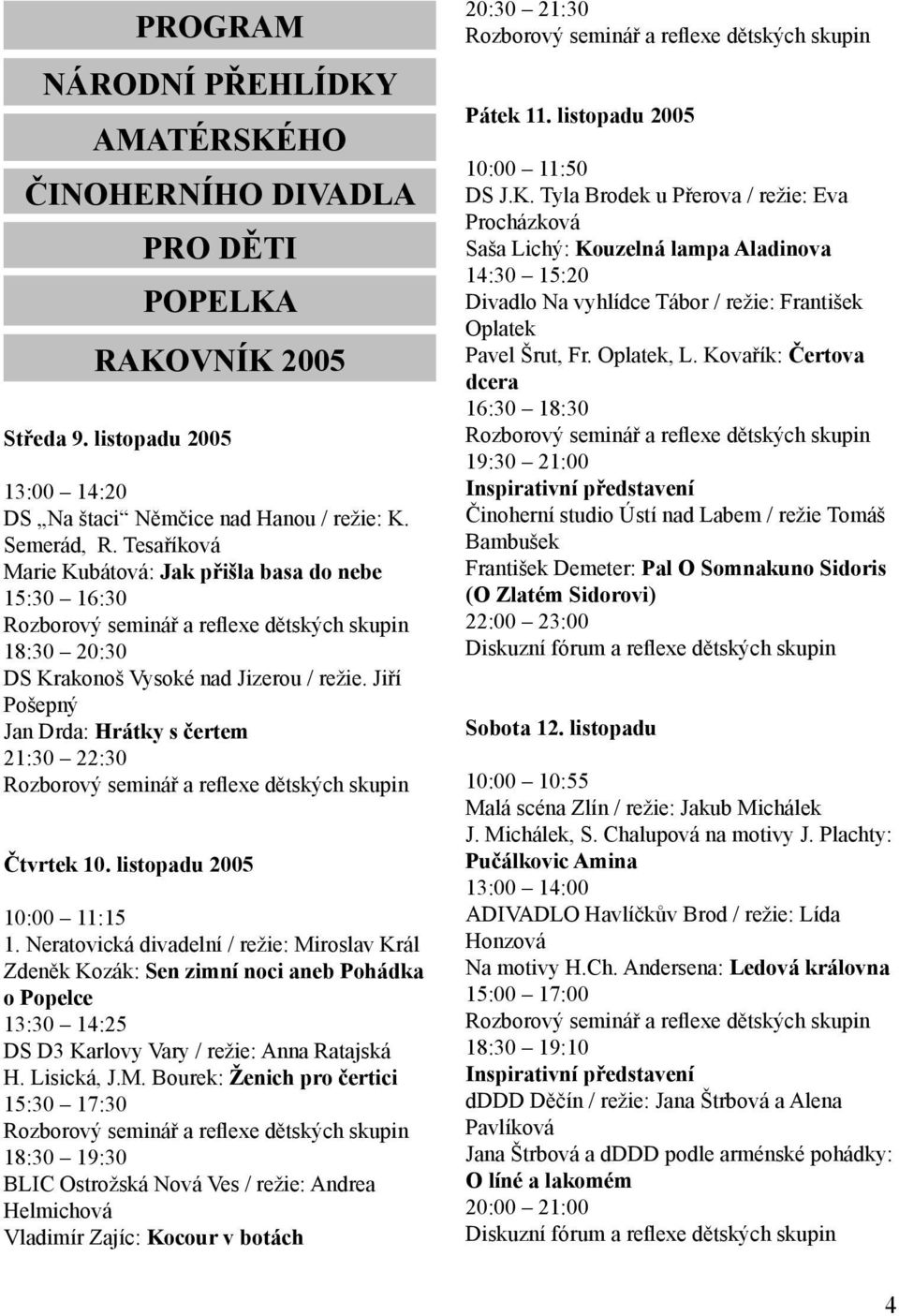Jiří Pošepný Jan Drda: Hrátky s čertem 21:30 22:30 Rozborový seminář a reflexe dětských skupin Čtvrtek 10. listopadu 2005 10:00 11:15 1.