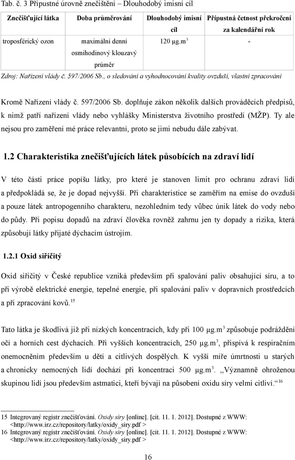 , o sledování a vyhodnocování kvality ovzduší, vlastní zpracování Kromě Nařízení vlády č. 597/2006 Sb.