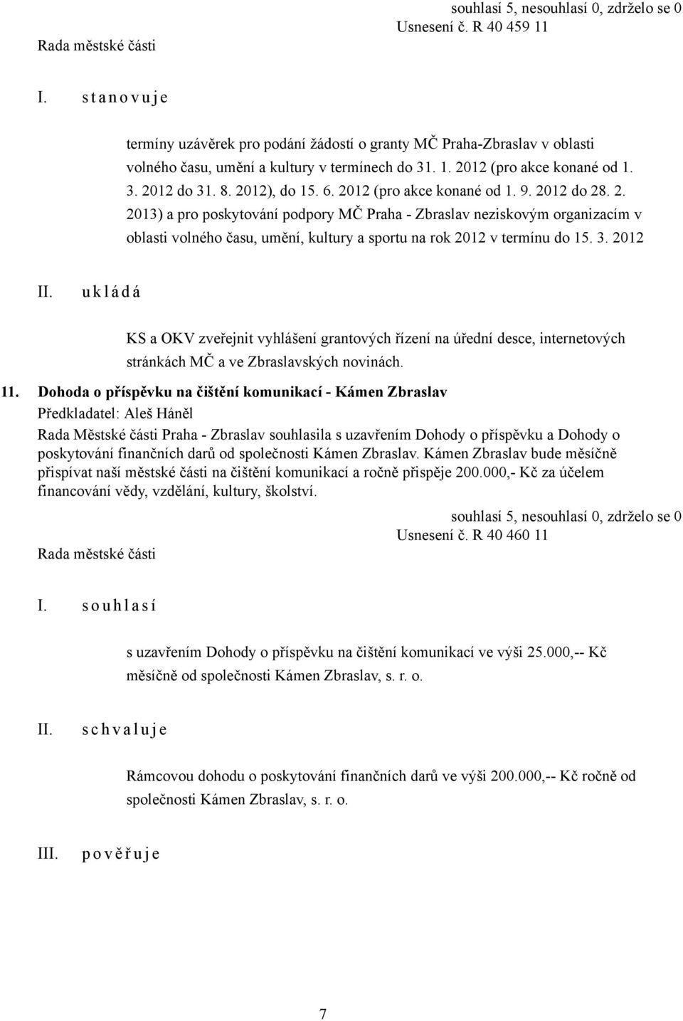 3. 2012 KS a OKV zveřejnit vyhlášení grantových řízení na úřední desce, internetových stránkách MČ a ve Zbraslavských novinách. 11.