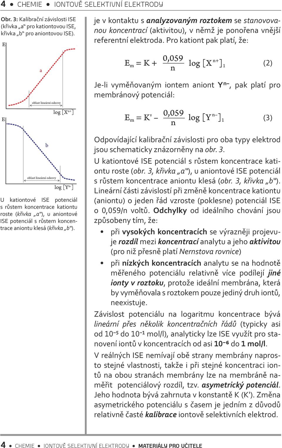 Pro kationt pak platí, že: b E m = K + 0,059 n log [X n+ ] 1 (2) E oblast lineární odezvy Je-li vyměňovaným iontem aniont Y n, pak platí pro membránový potenciál: oblast lineární odezvy log [X n+ ]