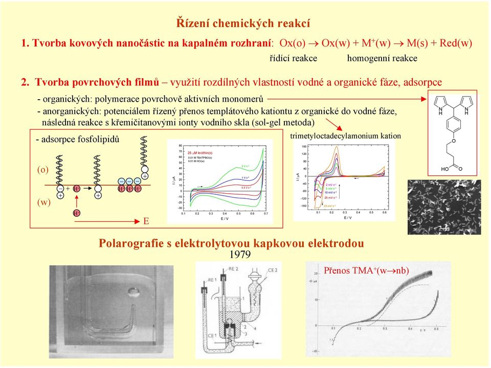 kationtu z organické do vodné fáze, následná reakce s křemičitanovými ionty vodního skla (sol-gel metoda) N H N H - adsorpce fosfolipidů 80 trimetyloctadecylamonium kation 160 O (o) (w) _ H H _ H H H