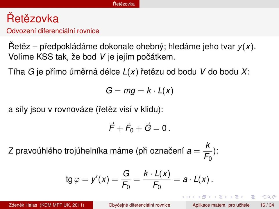 Tíha G je přímo úměrná délce L(x) řetězu od bodu V do bodu X : G = mg = k L(x) a síly jsou v rovnováze (řetěz visí v klidu):