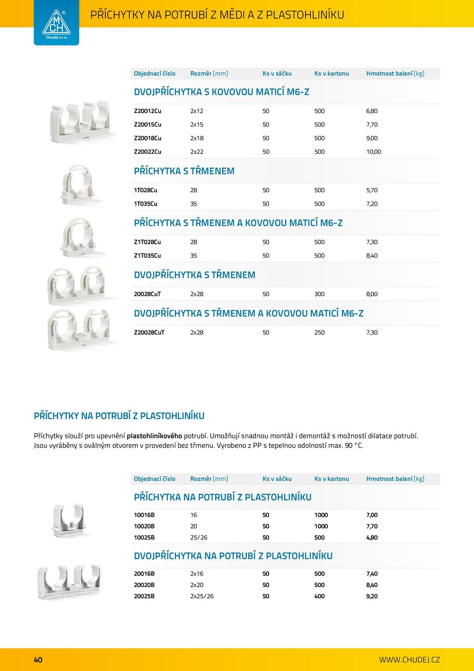 DVOJPŘÍCHYTKA S TŘMENEM A KOVOVOU MATICÍ M6-Z Z20028CuT 2x28 50 250 7,30 PŘÍCHYTKY NA POTRUBÍ Z PLASTOHLINÍKU Příchytky slouží pro upevnění plastohliníkového potrubí.